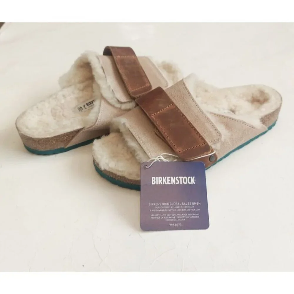 Birkenstock Size 3 Kyoto Teddy Kids Suede Sandals Shearling Lined EU 34 Beige